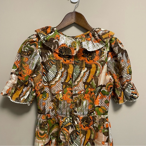 Vintage 70s Orange & Brown Floral Ruffle Neck Maxi Dress Approx Women XS - Picture 8 of 16